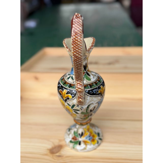 White Late 20th Century Hand-Painted Rouen Faience Pitcher With Floral Motifs and Ornate Handle. For Sale - Image 8 of 8