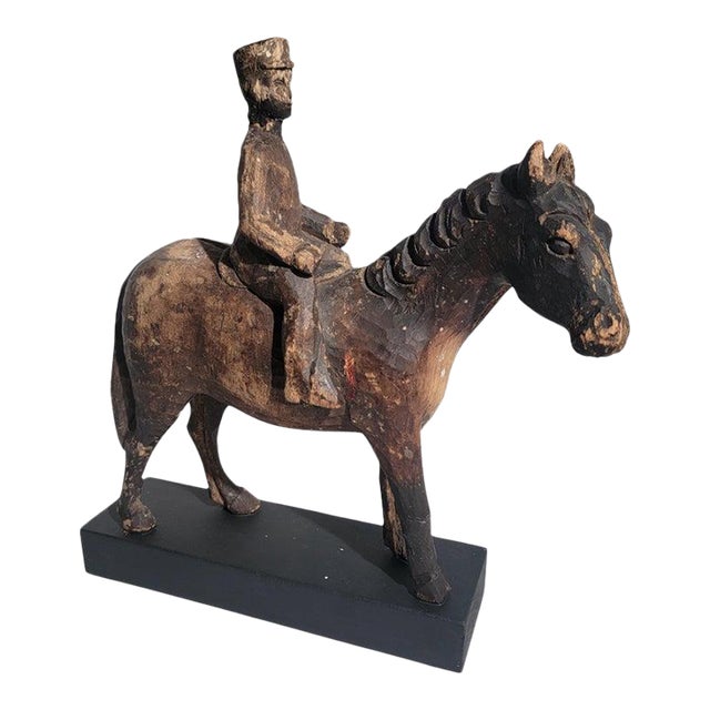 Colonial Era Hand Carved Wooden Horse and Rider For Sale