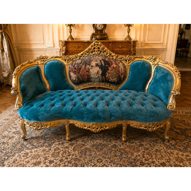 1900s French Louis XVI Blue/Green/Teal Velvet Sofa Set-5 Pc For Sale - Image 6 of 18