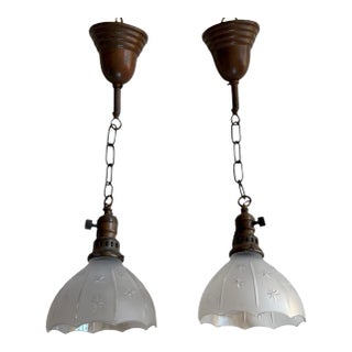 Antique Starburst Wheel Cut Hanging Pendant Lights - a Pair For Sale