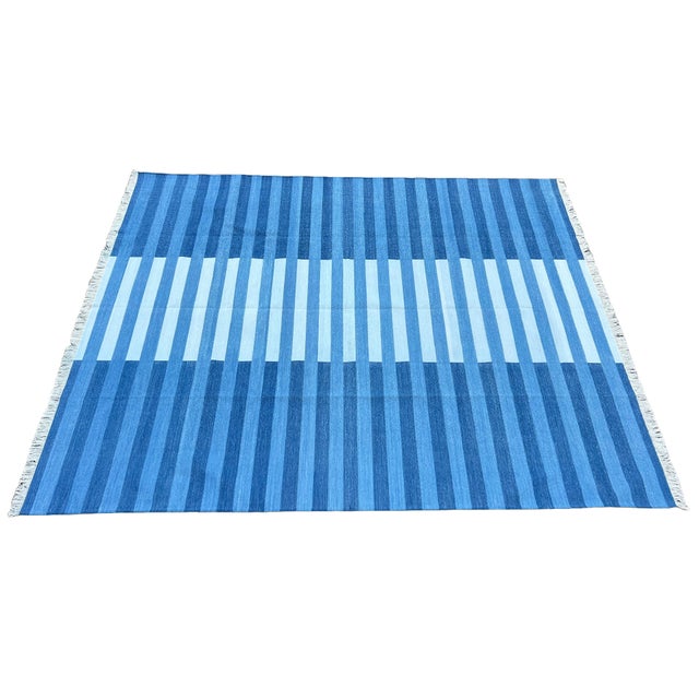 Handmade Cotton Area Rug, Natural Vegetable Dyed, Indigo Blue Striped Rug - 6'x9' For Sale - Image 13 of 13