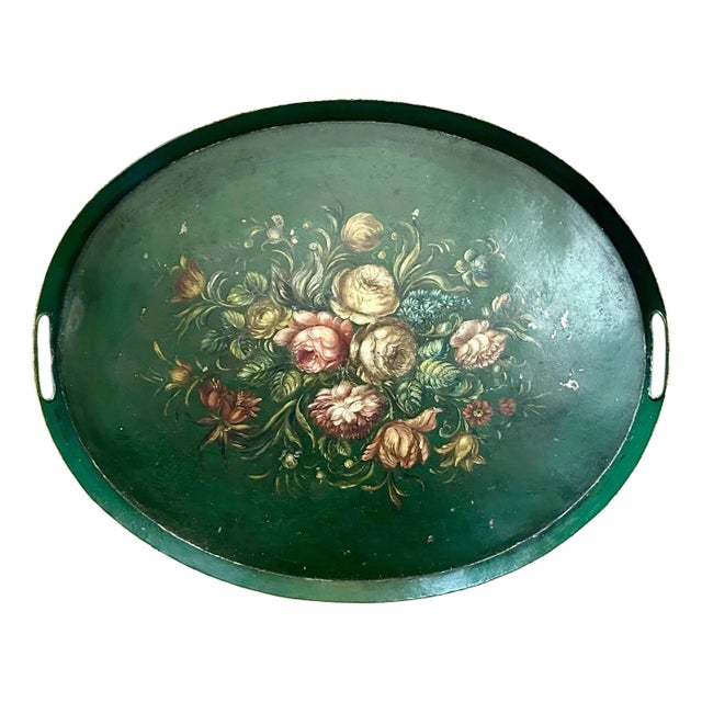 Antique Large 19th Century French Floral Tole Hand Painted Green Oval Serving Tray With Roses, Tulips & Mums For Sale