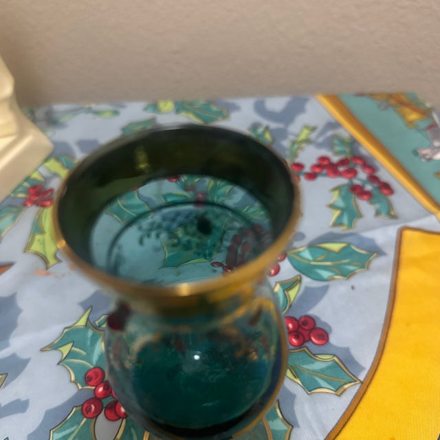 Vintage Murano-Style Venetian Teal Blue Cordial Glass With 24k Gold Gilt & Red Gem Accents For Sale - Image 4 of 5