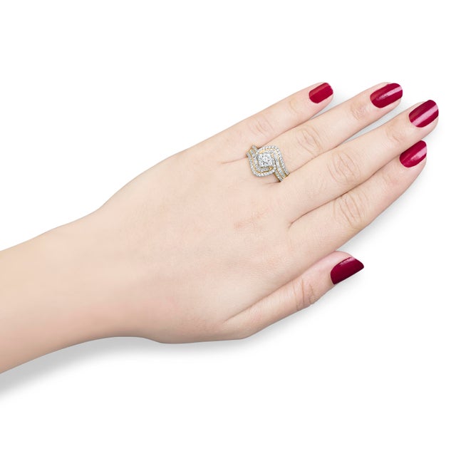 14K Yellow Gold 1.0 Cttw Baguette & Brilliant-Cut Diamond Round Floral Cluster Engagement Ring with Swirl Wrapped Triple Row Band - Size 6-3/4 For Sale In New York - Image 6 of 7