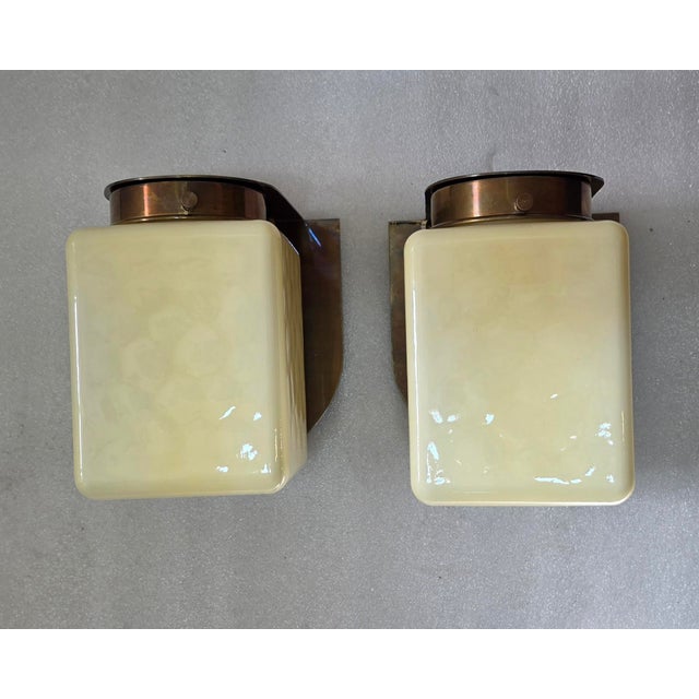 Cream Pair Vintage Art Deco Light Old Lamp Wall Sconces Fixture Brass & Cube Cream Milk Glass Shade Lamp Ship Light For Sale - Image 8 of 8