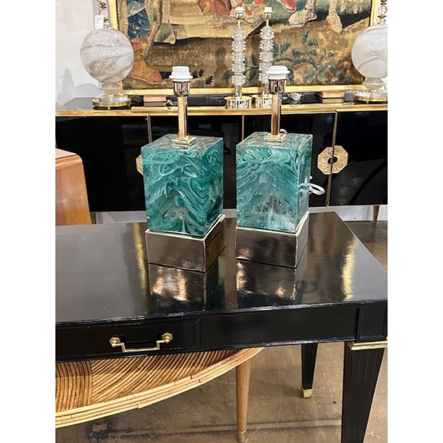 Pair of Murano green glass and brass block lamps. Circa 2000. Sure to make a statement!