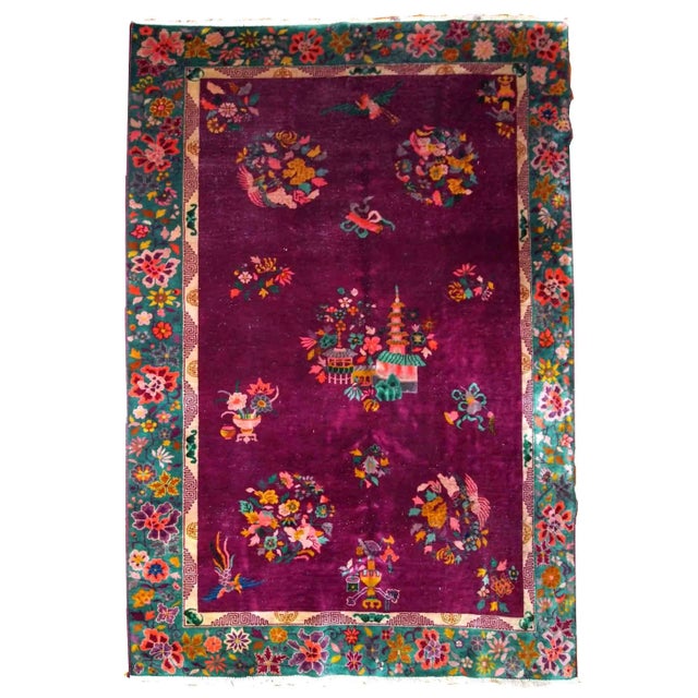 Textile 1920s Vintage Handmade Art Deco Chinese Rug For Sale - Image 7 of 7