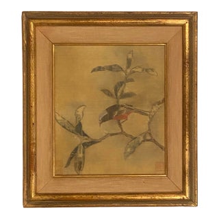 Antique Chinese Export Silk Bird Painting on Branch – Early 20th Century – Framed For Sale