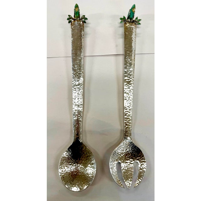 Rare whimsical pair of silver plated salad servers designed and hand crafted in Taxco, Guerrero, Mexico by celebrated...