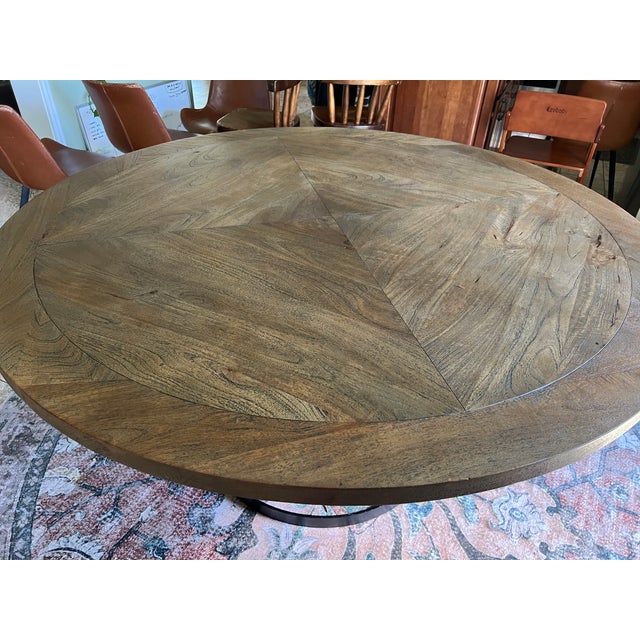 Farmhouse Arhaus Round Dining Table-Solid Parquet Wood Top & Iron Ring Base For Sale - Image 3 of 5