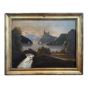 19th Century American Folk Art Oil Painting Landscape Sailboats On River