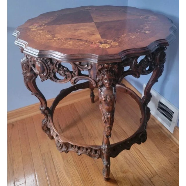 Rococo Vintage Carved Round Wood French Accent Table Figural With Floral Inlay Marquerty & Ornate Carved Base Neo Classical For Sale - Image 3 of 9