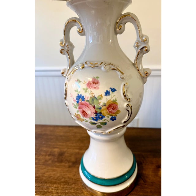 Textile Vintage Porcelain Urn Lamp With Floral Designs For Sale - Image 7 of 12