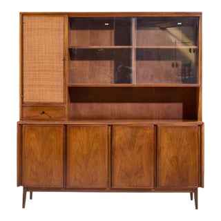 Merton Gershun for American of Martinsville Mid Century Walnut and Cane Credenza and Hutch For Sale