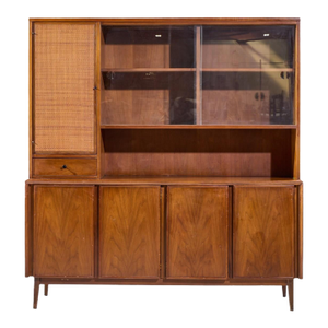 Merton Gershun for American of Martinsville Mid Century Walnut and Cane Credenza and Hutch