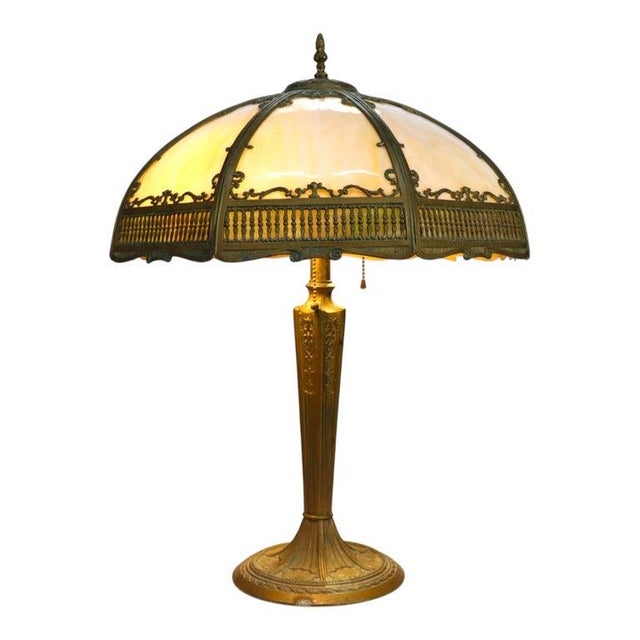 Bradley & Hubbard Style 8-Panel 2-Tone Slag Glass Lamp C1920 For Sale - Image 10 of 11