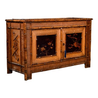 1940s Japanese Style Bamboo Cabinet With Painted Panels For Sale