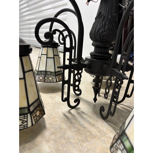 Arts & Crafts Vintage Arts & Crafts Tiffany Style Stained Glass 5 Arm Chandelier For Sale - Image 3 of 9