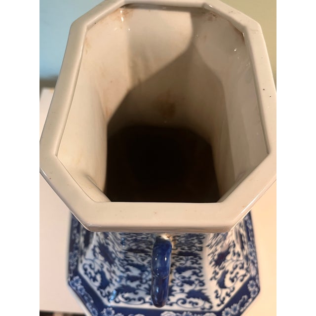Ceramic Late 20th Century Large 18" Chinese Blue & White Hexagonal Porcelain Vase Bird Floral Qianlong Mark For Sale - Image 7 of 8