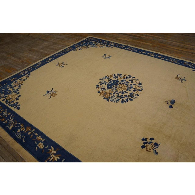 1920s Beige Medallion Floral Antique Chinese Peking Carpet 8'' X 9'5'' Wool Knotted Rug For Sale - Image 4 of 9