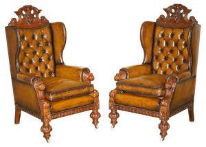 Set of Large Antique Victorian Lion Carved Chesterfield Brown Leather Armchairs, 1870