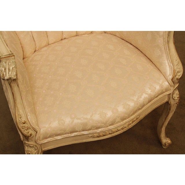 Cream French Louis XV Style Vintage Pair Cream Painted Tufted Fire Side Chairs For Sale - Image 8 of 13