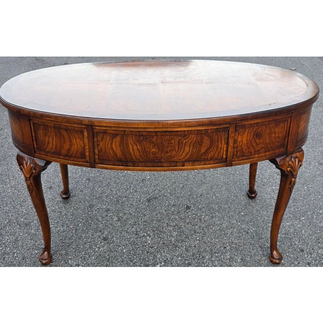 Late 20th Century Hekman Queen Anne Revival Burl Walnut Writing Desk With Carved Shell-Accent Cabriole Legs, Late 20th Century For Sale - Image 5 of 12
