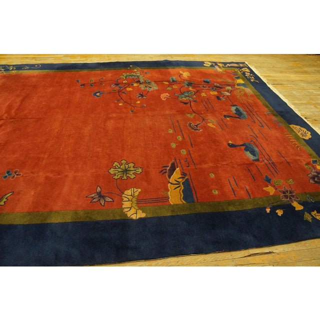 1920s Red Rustic Swan Floral Antique Chinese Art Deco Carpet 9' X 11'10" Knotted Wool Rug For Sale In New York - Image 6 of 12