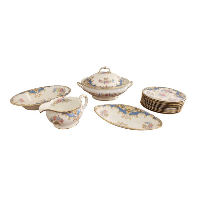 Vintage Shelley Sheraton 13291 Blue & Gold Bone China 16-Piece Serving Set For Sale
