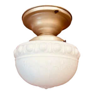 Beau Arts Cased Glass Flush Mount Fixture on Milk Base Painted Brass Fixture, Circa 1910