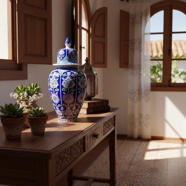 Turkish Handmade Ceramic Shah Vase (30cm) Royal Cobalt Blue Background Floral Temple Jar For Sale - Image 3 of 7