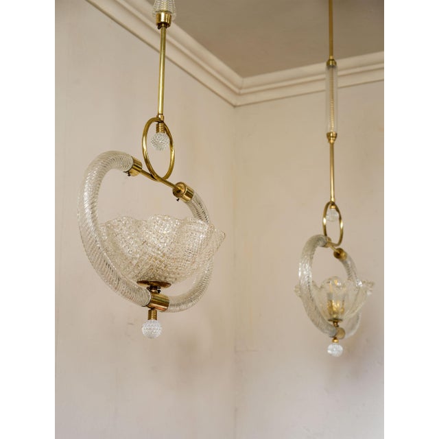 Metal Murano Blown Glass and Brass Pendant Lights by Ercole Barovier for Barovier & Toso, 1930s, Set of 2 For Sale - Image 7 of 16