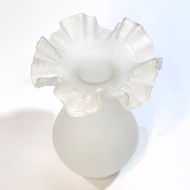 1980s Rare White Frosted Glass Vase With Eye-Catching Ruffled Top Circa 1980s For Sale - Image 5 of 13