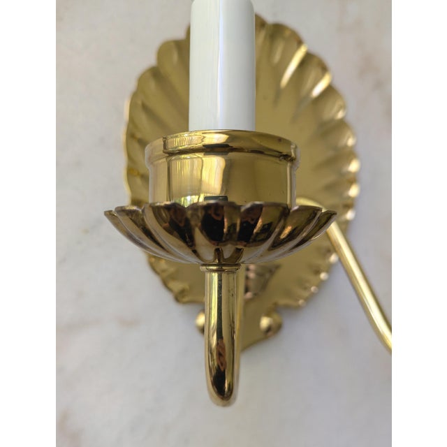 Mid 20th Century Mid Century Hollywood Regency Style Brass Shell Two Light Electric Wall Sconce - A Pair For Sale - Image 5 of 11
