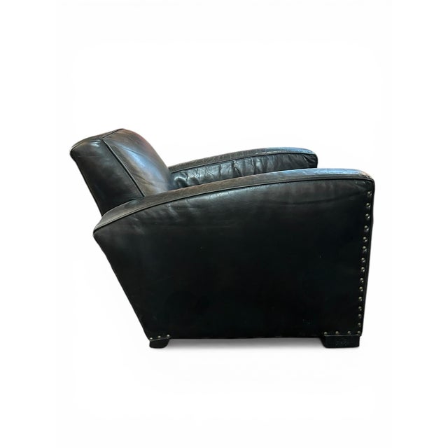 Animal Skin Restoration Hardware Black Leather Library Lounge Chair With Brass Studs For Sale - Image 7 of 8