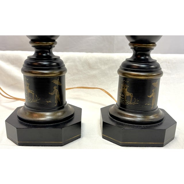 Black Vintage Wood Table Lamps With Gold Painted Chinoiserie Designs- A Pair For Sale - Image 8 of 15