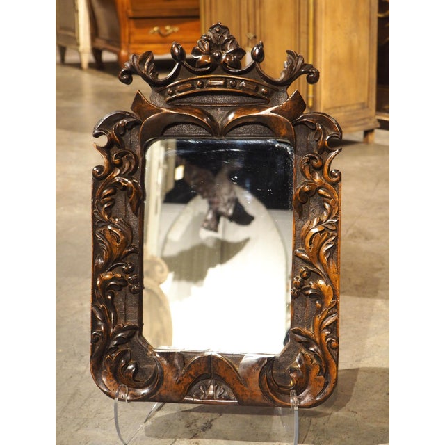 French Antique French Carved Walnut Mirror With Stylized Crown, Foliate Decor, C. 1870 For Sale - Image 3 of 12