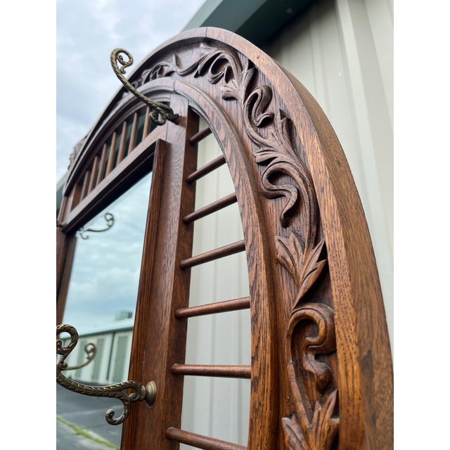 Antique Edwardian American Tiger Oak Mirrored Hall Tree Seat With Carved Motifs For Sale - Image 12 of 12