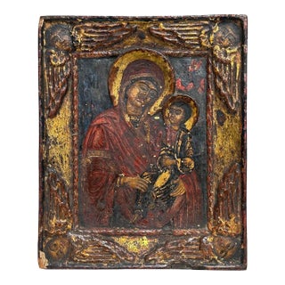 19thC Hodegetria Type Carved Madonna & Child Icon in Egg Tempera & Gold Leaf For Sale