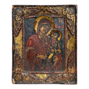 19thC Hodegetria Type Carved Madonna & Child Icon in Egg Tempera & Gold Leaf