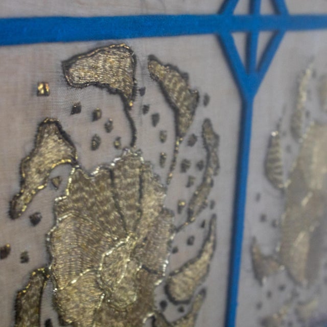 19th to 20th Century Textile Wall Art Metallic Gold Embroidered Panel on Linen Blue Silk Frame Manner of Turkish Ottoman For Sale - Image 11 of 18