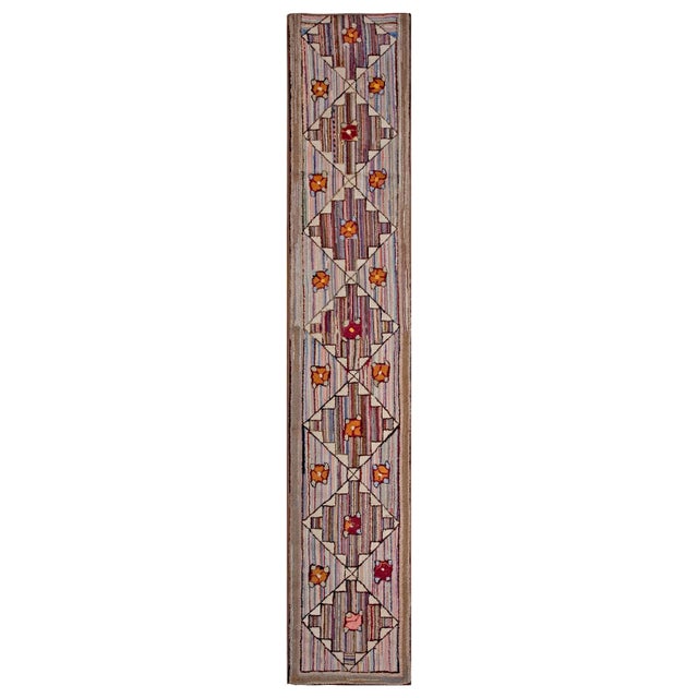 1930s Multicolor Geometric Folk Art Antique American Hooked Rug 2'4" X 12'10" Handknotted Wool Cotton Carpet For Sale - Image 16 of 18