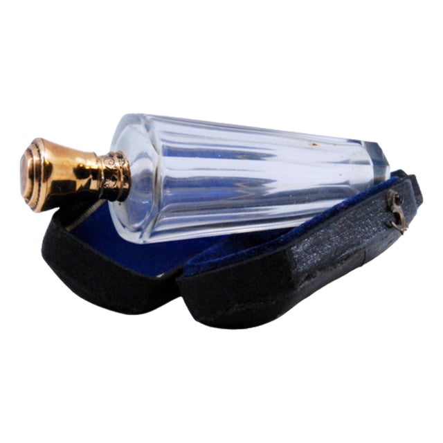 Perfume Bottle in Cut Glass with Gold Cap and Original Case For Sale