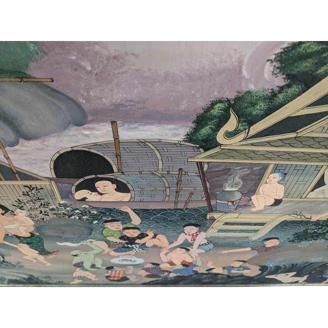 Late 20th Century Southeast Asian Folk Art Village & Riverside Narrative Painting on Canvas For Sale - Image 9 of 12