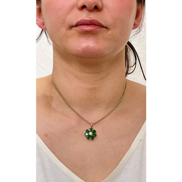 Emerald and Solitaire Diamonds Flower Pendant Necklace 14 Karat Yellow Gold For Sale In New York - Image 6 of 18