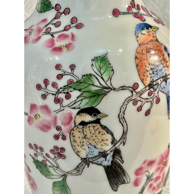 Vintage Chinoiserie 10” Porcelain Vase With Birds and Cherry Blossoms For Sale - Image 4 of 7