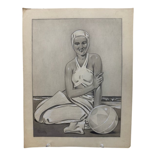 1940s Original Signed Graphite Illustration of Bathing Beauty With Ball, 13.5 X 10.5 In. For Sale