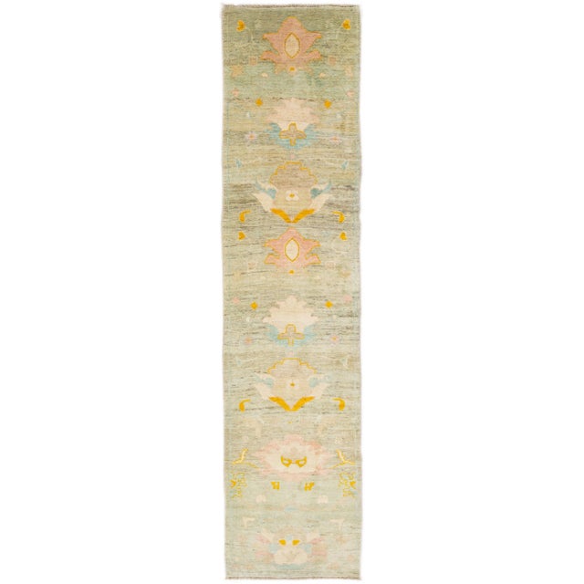 Tan Modern Oushak Handmade Floral Wool Runner For Sale - Image 11 of 11