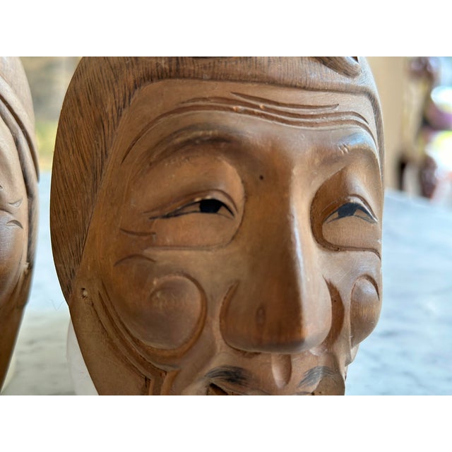 Wood Vintage Japanese Kyogen Masks in Hand-Carved Wood, 1950s, Set of 2 For Sale - Image 7 of 15