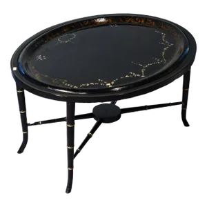 Early 20th Century Antique Inlaid Oval Papier Mâché Tray on Stand